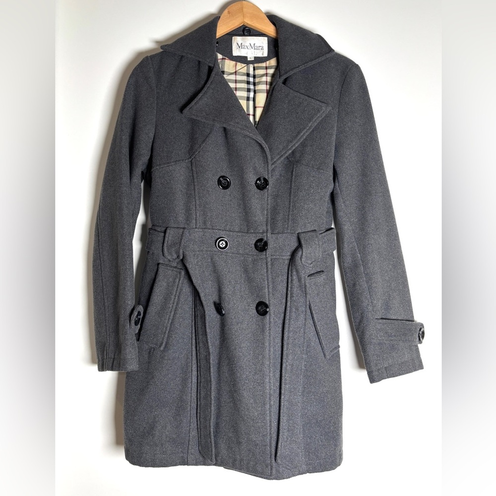 Max Mara Charcoal Wool Trench Coat, Double Breasted Designer Winter Jacket Belt